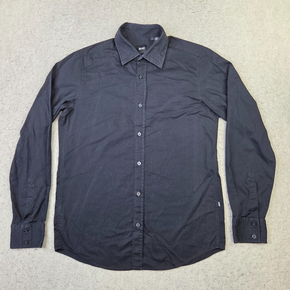 Hugo Boss Shirt Mens Small Black Long Sleeve Button Up Textured Cotton